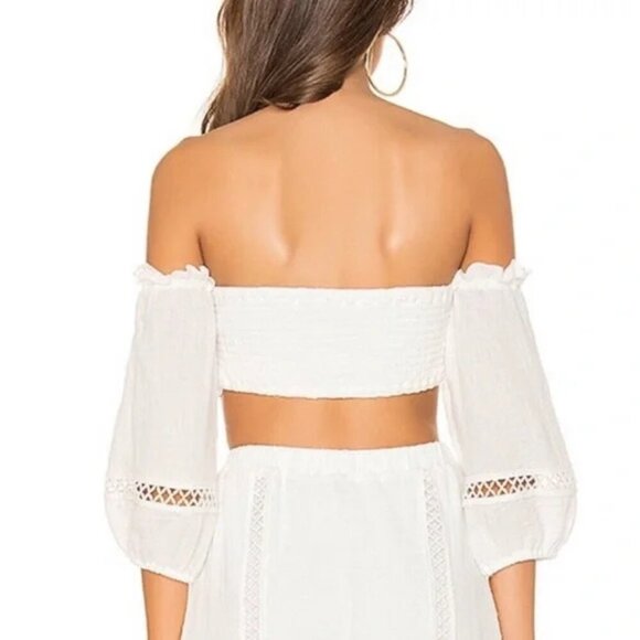Revole MAJORELLE White Privett Crop Eyelet Ruched Front Off Shoulder Top - Picture 4 of 8